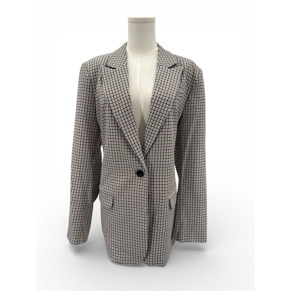 Vince Camuto Women's Plaid Blazer XL Brown Black Cream One Button NWT Stretch
